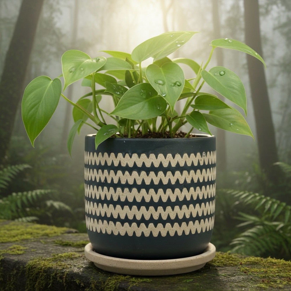 6" Modern Boho Ceramic Planter with Attached Saucer – Dark Green & Beige Zig-Zag - Picture 2 of 11
